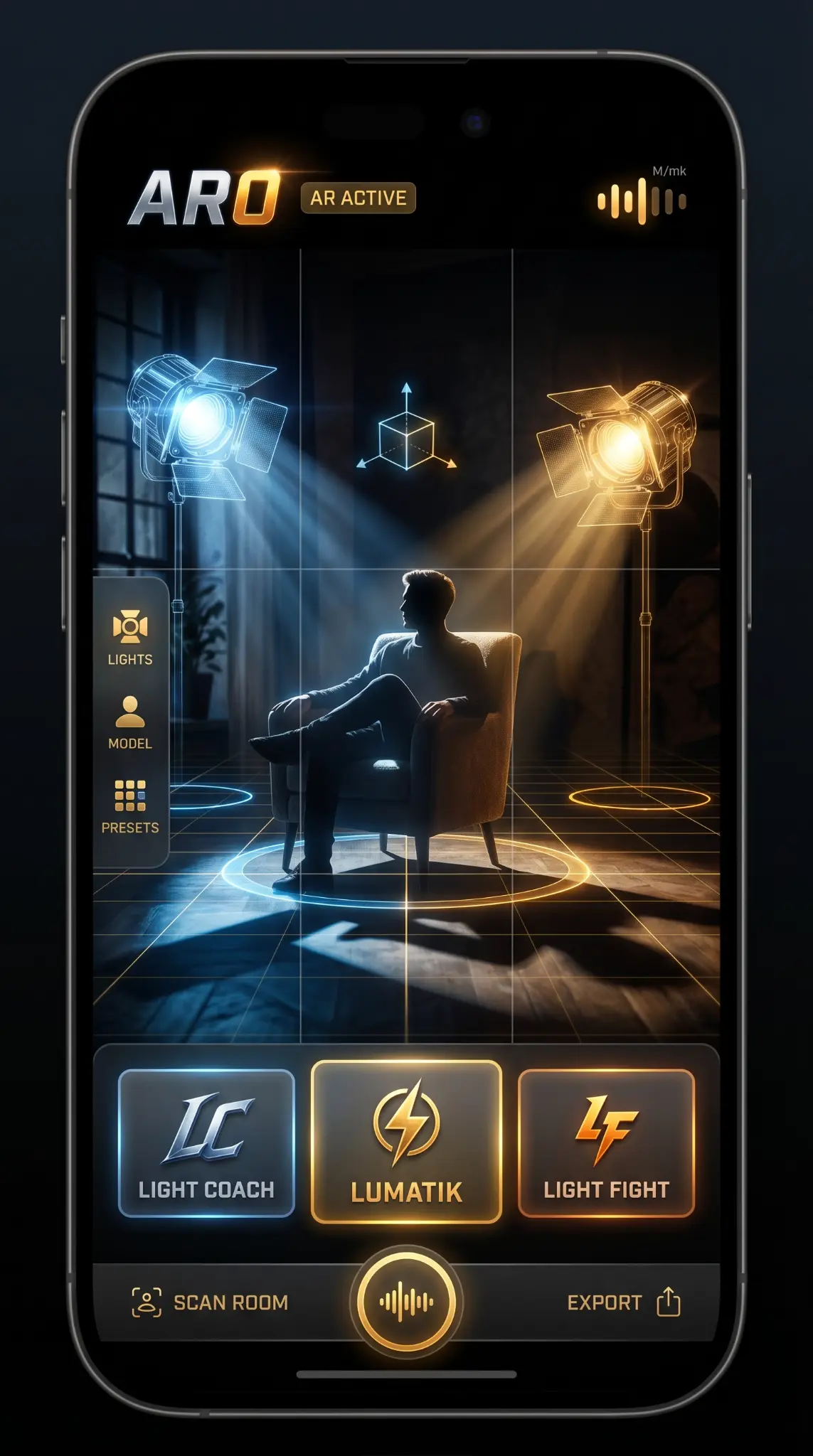 ARO HUD — LumaTik AR active with virtual Fresnel rigs in a real room