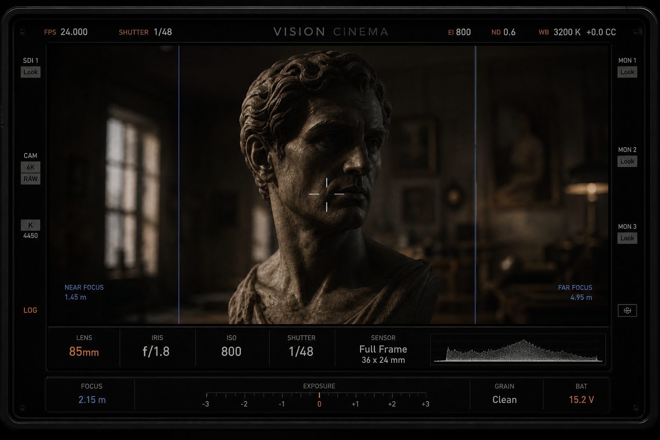 Cinema camera viewfinder showing depth of field preview with exposure triangle overlay