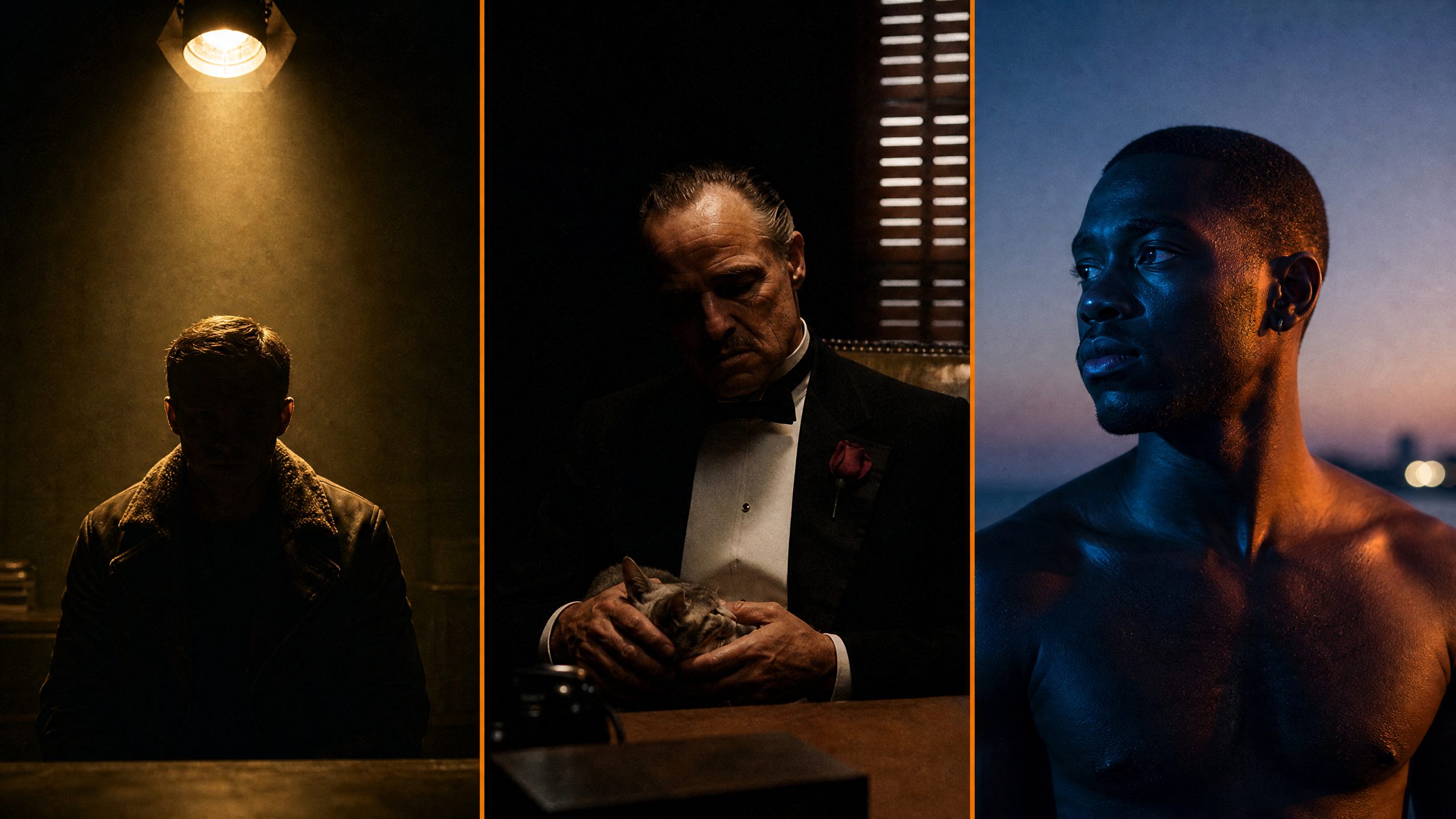 Three iconic film lighting recreations: Blade Runner 2049 interrogation, The Godfather office, and Moonlight beach