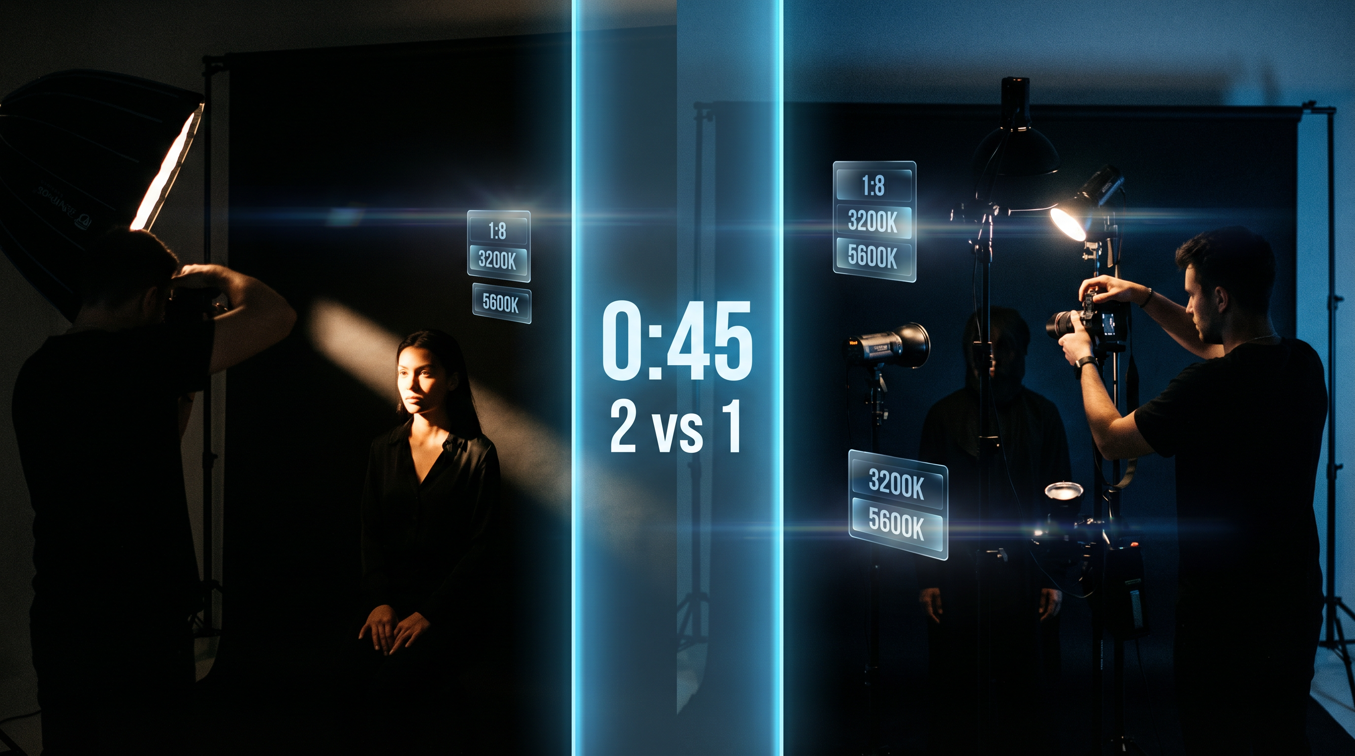 Aro Duel Mode — two photographers competing in a dark studio