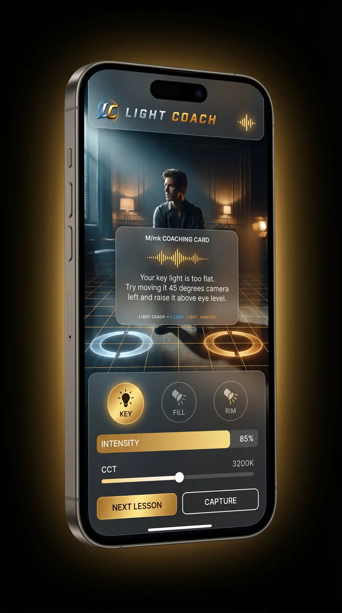 Light Coach UI — M/mk coaching card with KEY/FILL/RIM selector and intensity slider