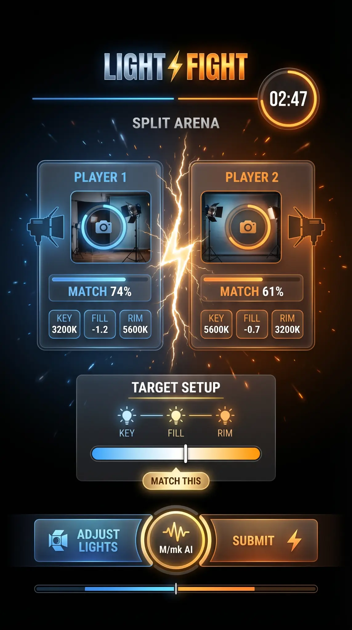 Light Fight UI — Split arena with Player 1 vs Player 2, match percentages, and M/mk AI button
