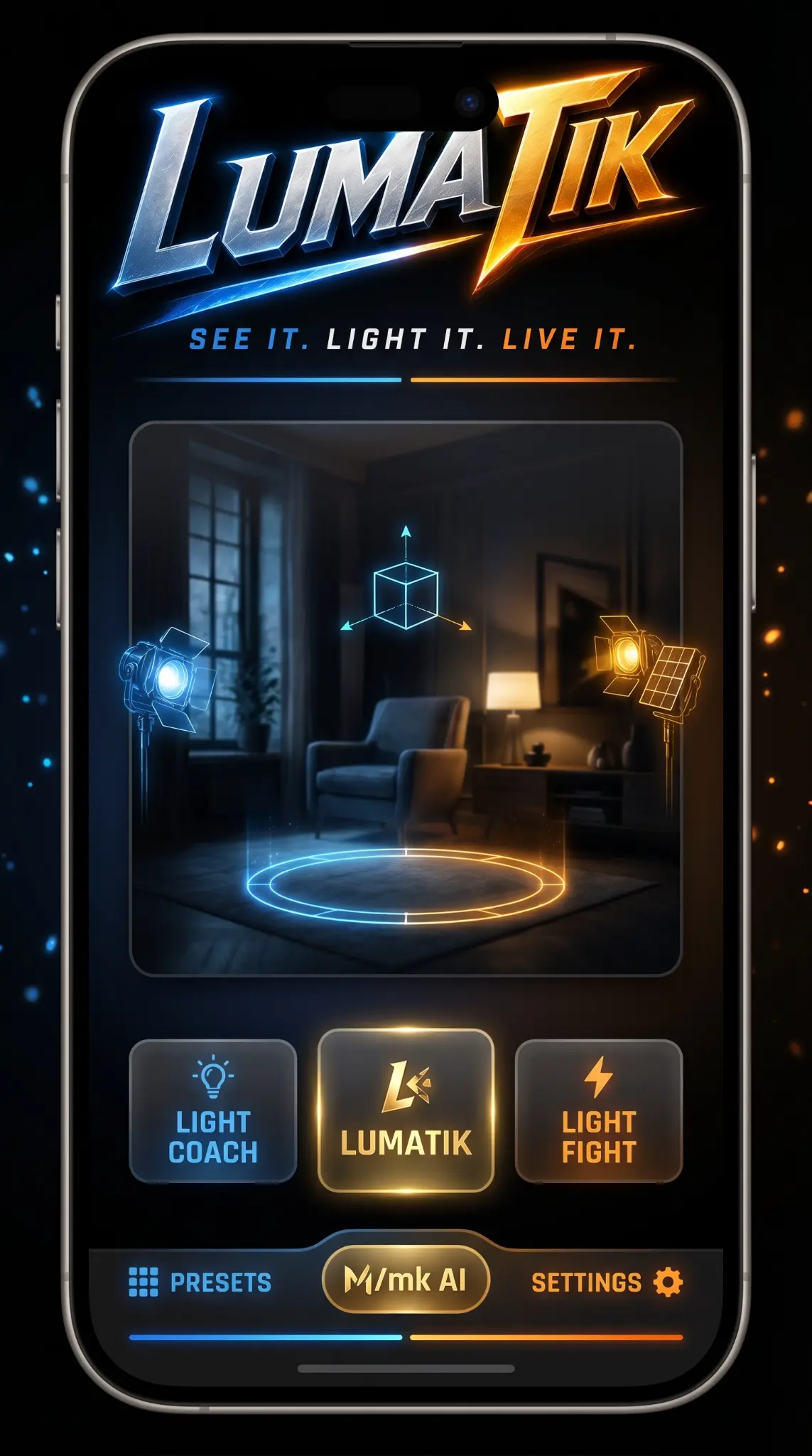 LumaTik Main UI — three mode buttons, AR Fresnel fixtures, holographic XYZ cube