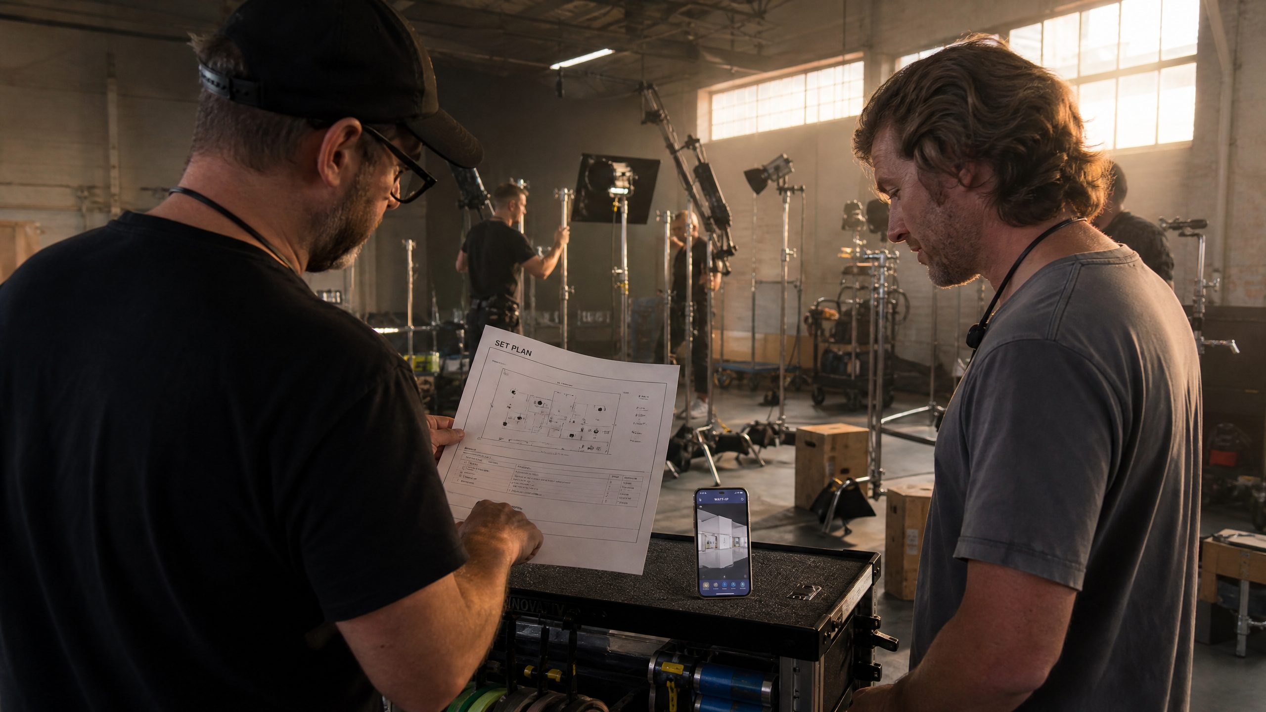 On-set workflow: DP reviewing Set Plan PDF with gaffer while lighting fixtures are rigged to match the digital plan