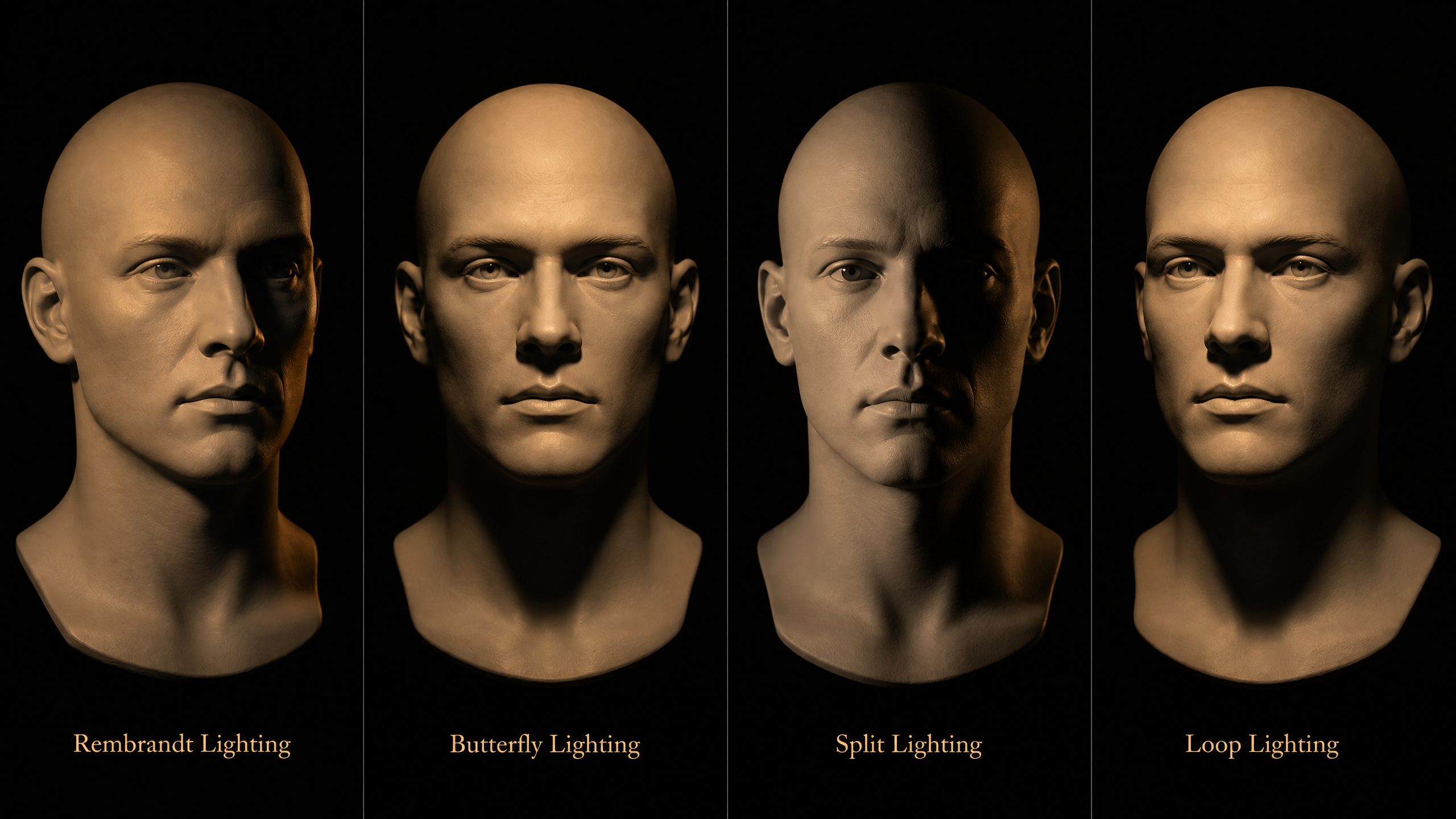 Four portrait lighting styles: Rembrandt, Butterfly, Split, and Loop demonstrated on a subject