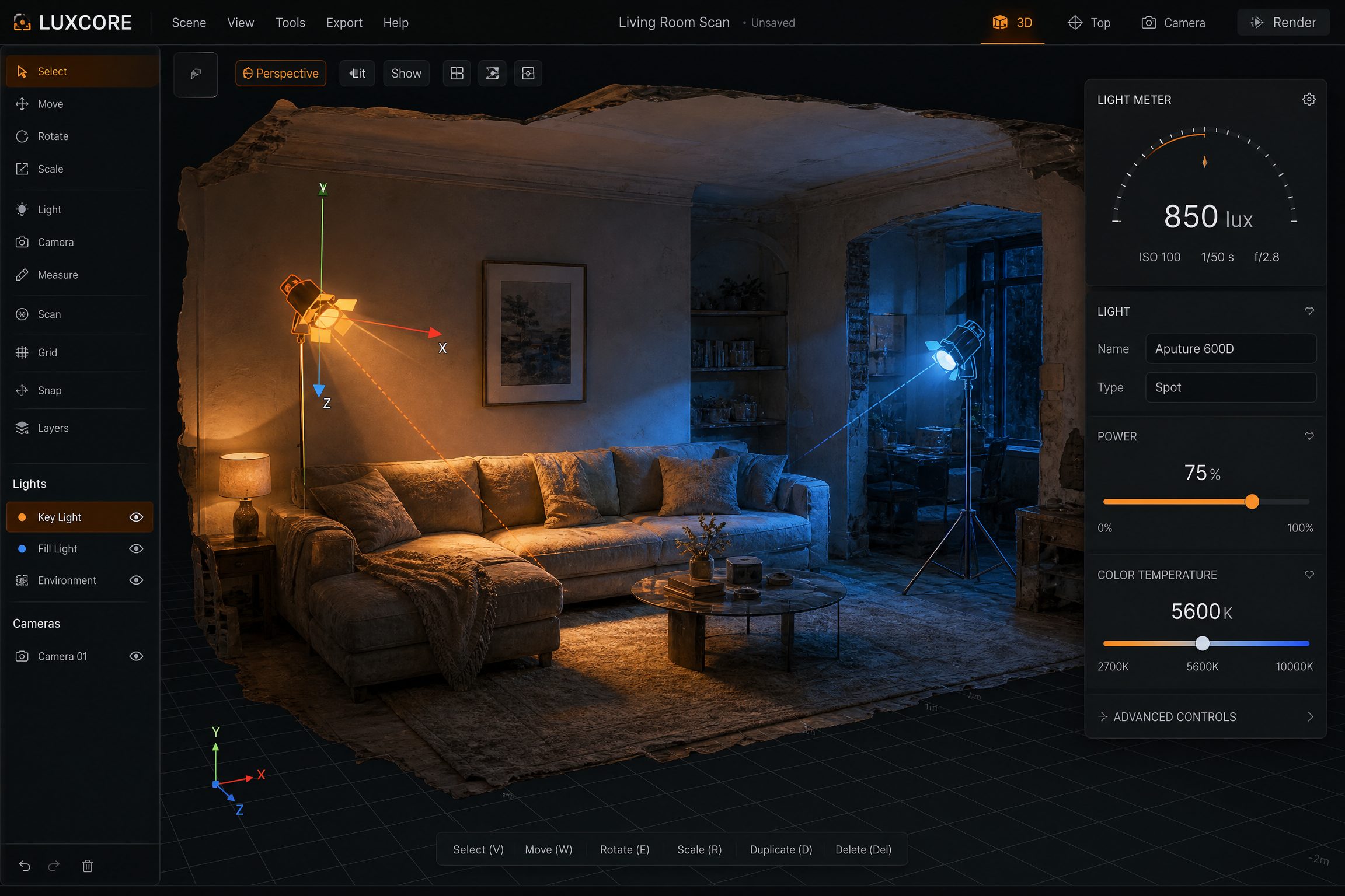 WATT-IF Sandbox with light meter and fixture controls